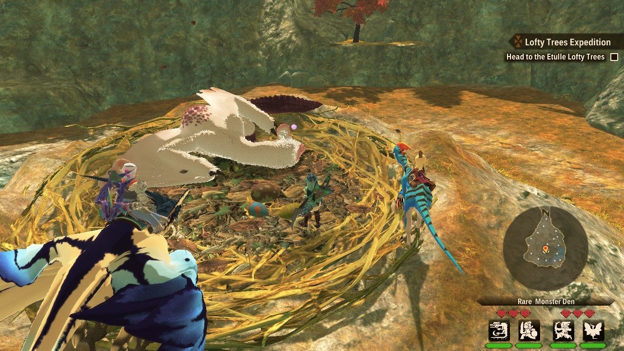 Monster Hunter Stories 2 Wings of Ruin - A monster sleeping in a nest with players around it.