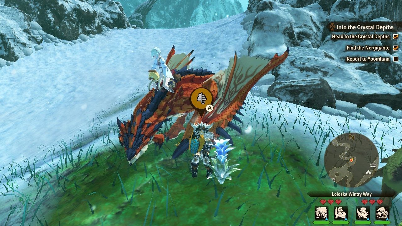 Monster Hunter Stories 2 Wings of Ruin gathering a blue plant in Loloska