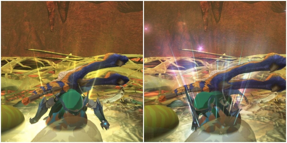 Monster Hunter Stories 2 Wings of Ruin - a split image of a player gathering eggs with glow comparison.