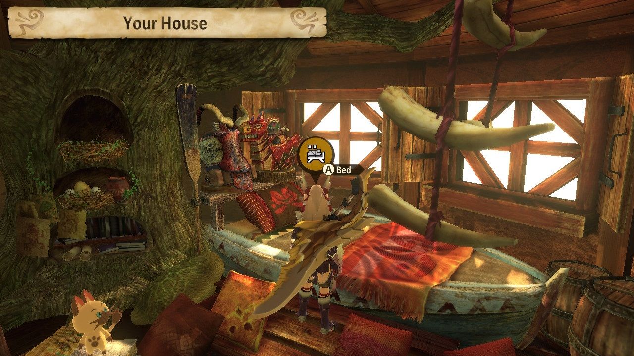 Monster Hunter Stories 2 Wings of Ruin interacting with the bed in your house