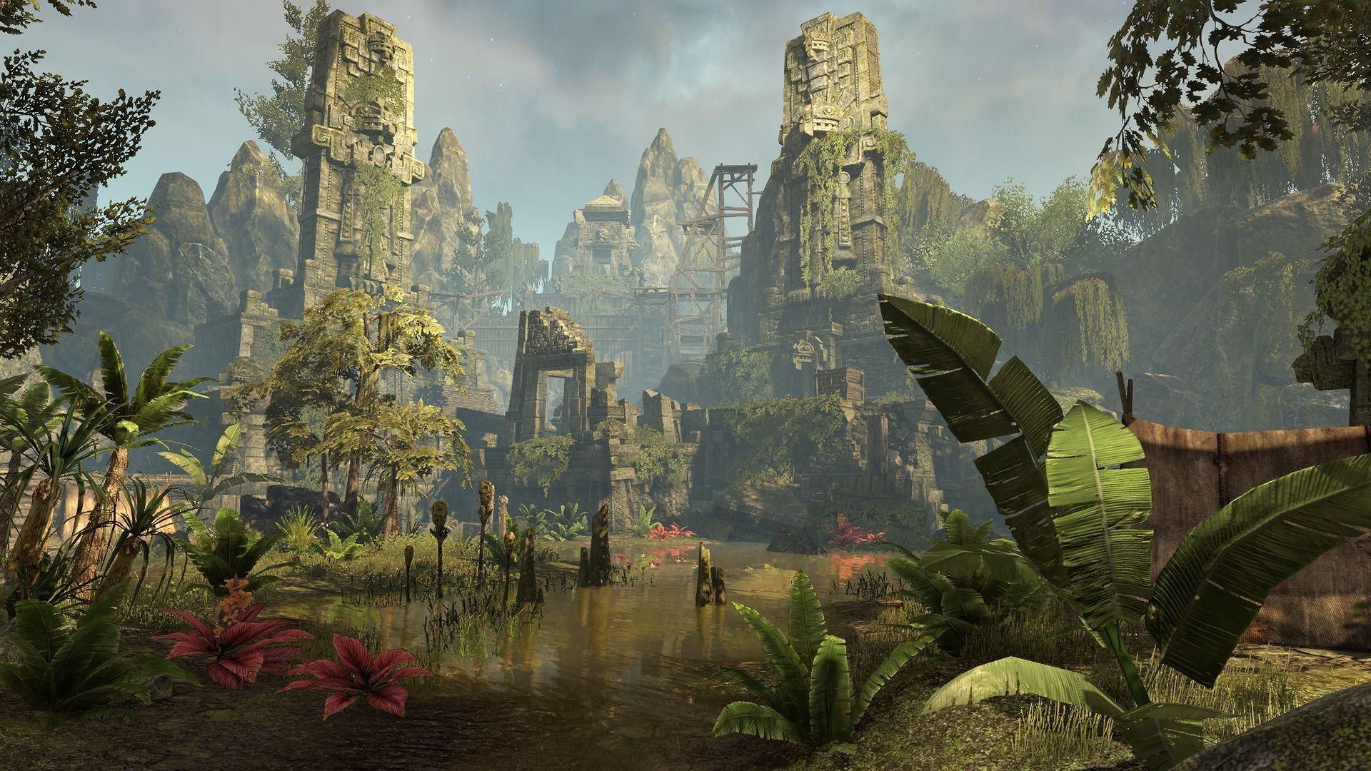 Murkmire 2 ancient buildings decaying inside a swamp in Elder Scrolls Online