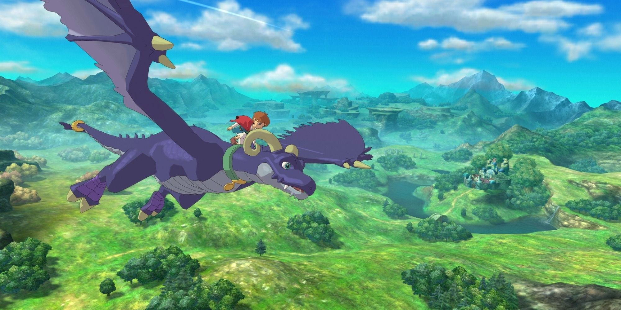 Ni No Kuni RPG screenshot of dragon flying over countryside
