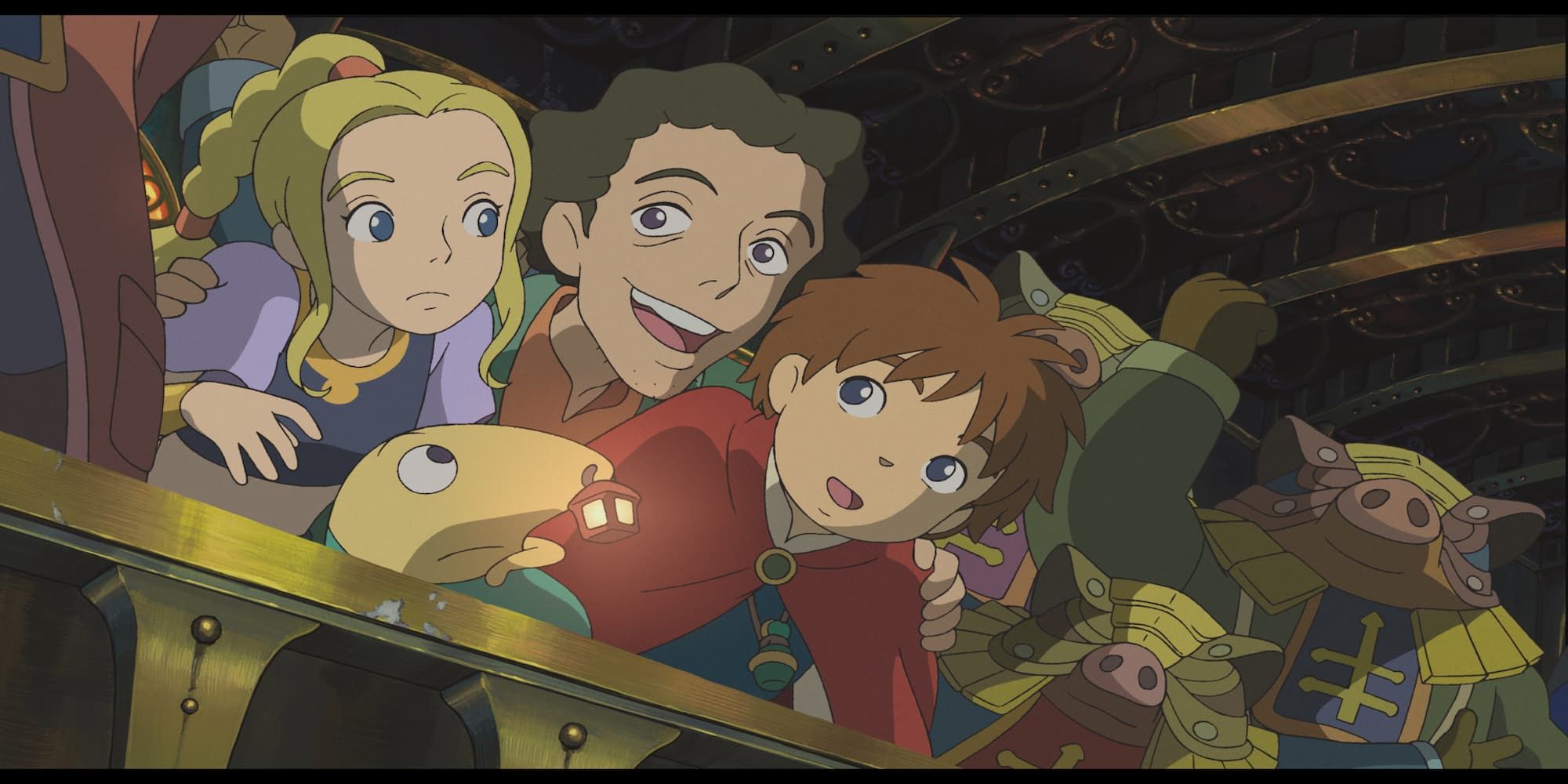 Oliver, Swaine, and Ester from Ni No Kuni Wrath of the White Witch next to each other and leaning over a crowded balcony