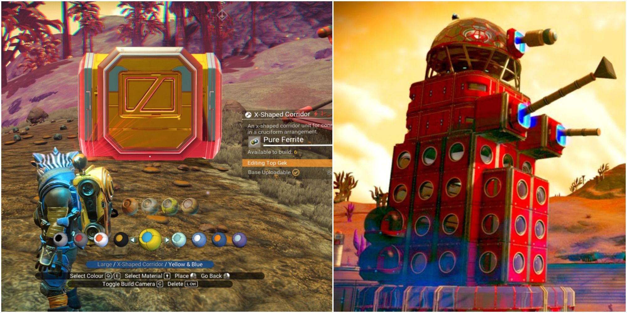 No Man's Sky Base Building Colors menu and Dalek shaped base