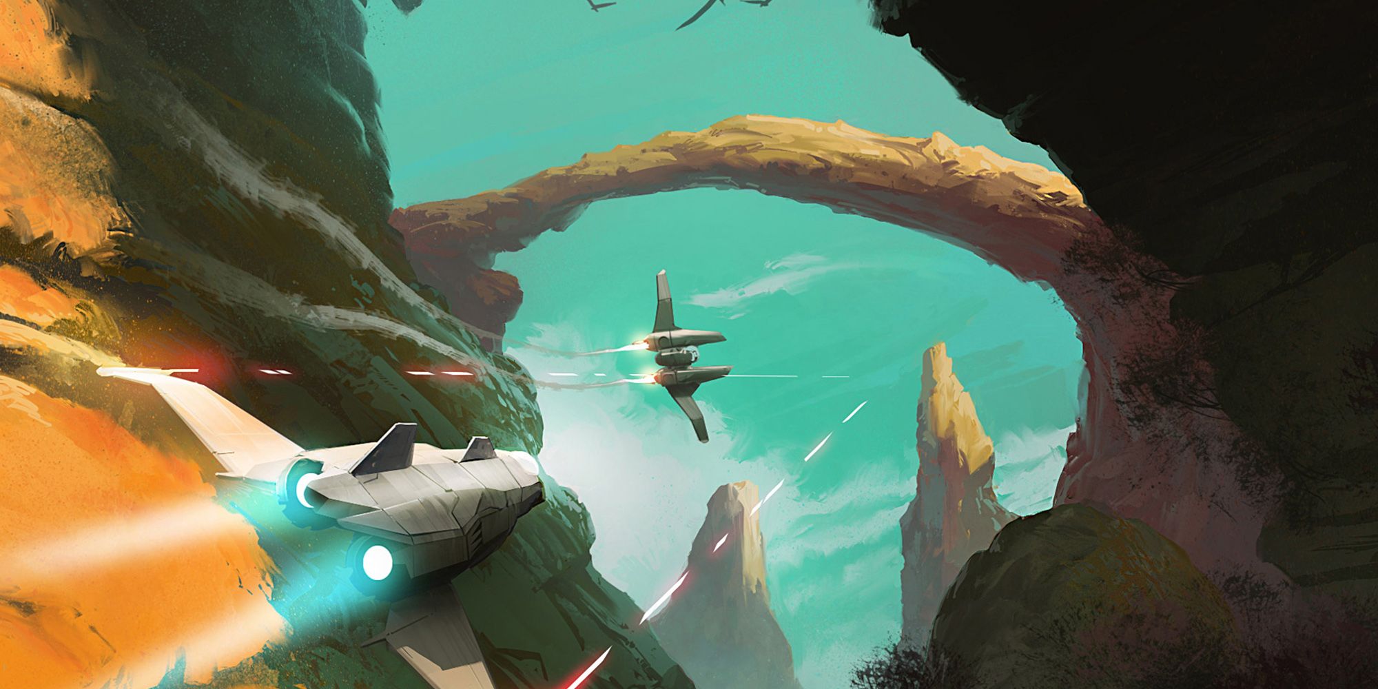 No Man's Sky Promotional Art Of Two Starships Fighting Close To A Planet's Surface
