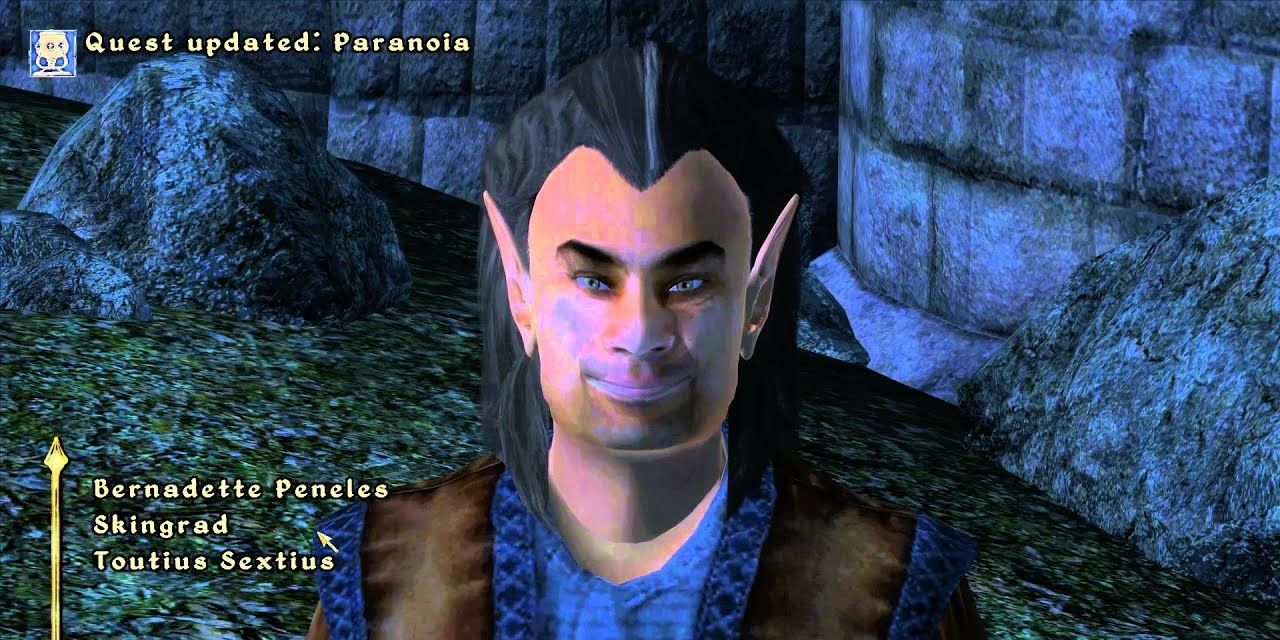 A screenshot from Oblivion, showing the character Glarthir smirking at the Hero