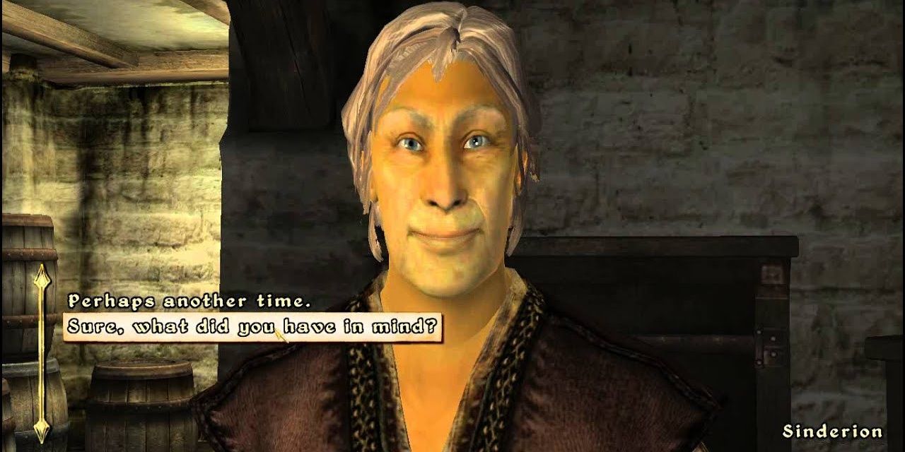 A screenshot of Oblivion, showing Sinderion speaking with the Hero