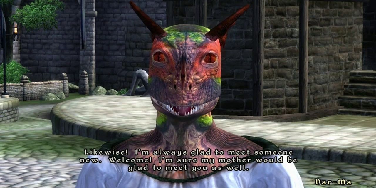 A screenshot from Oblivion, showing Dar-Ma speaking to the hero in the village of Chorrol