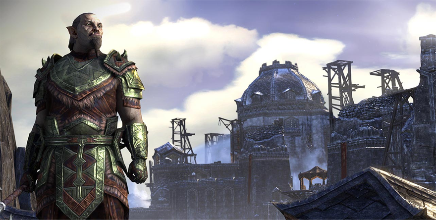 Orsinium posing in front of city wearing green glass armor