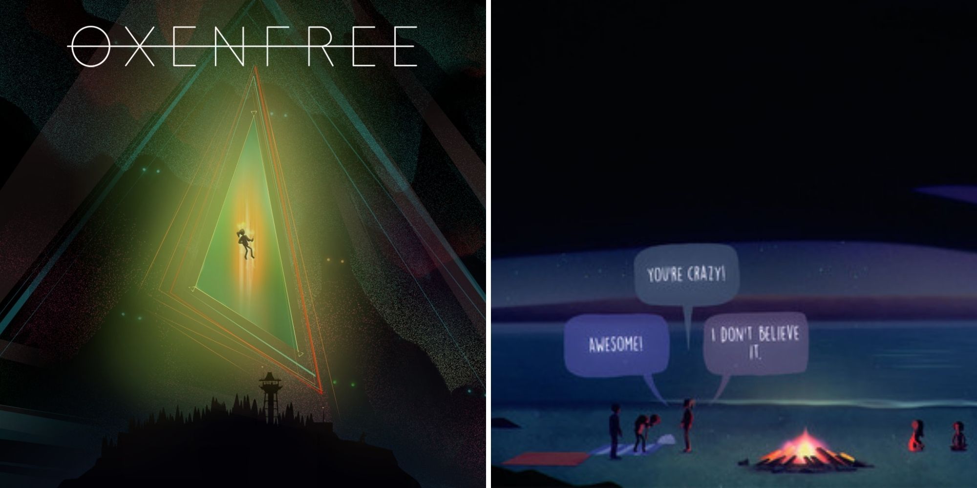 Oxenfree official playstation image and the characters by a fire on the beach with dialogue choices