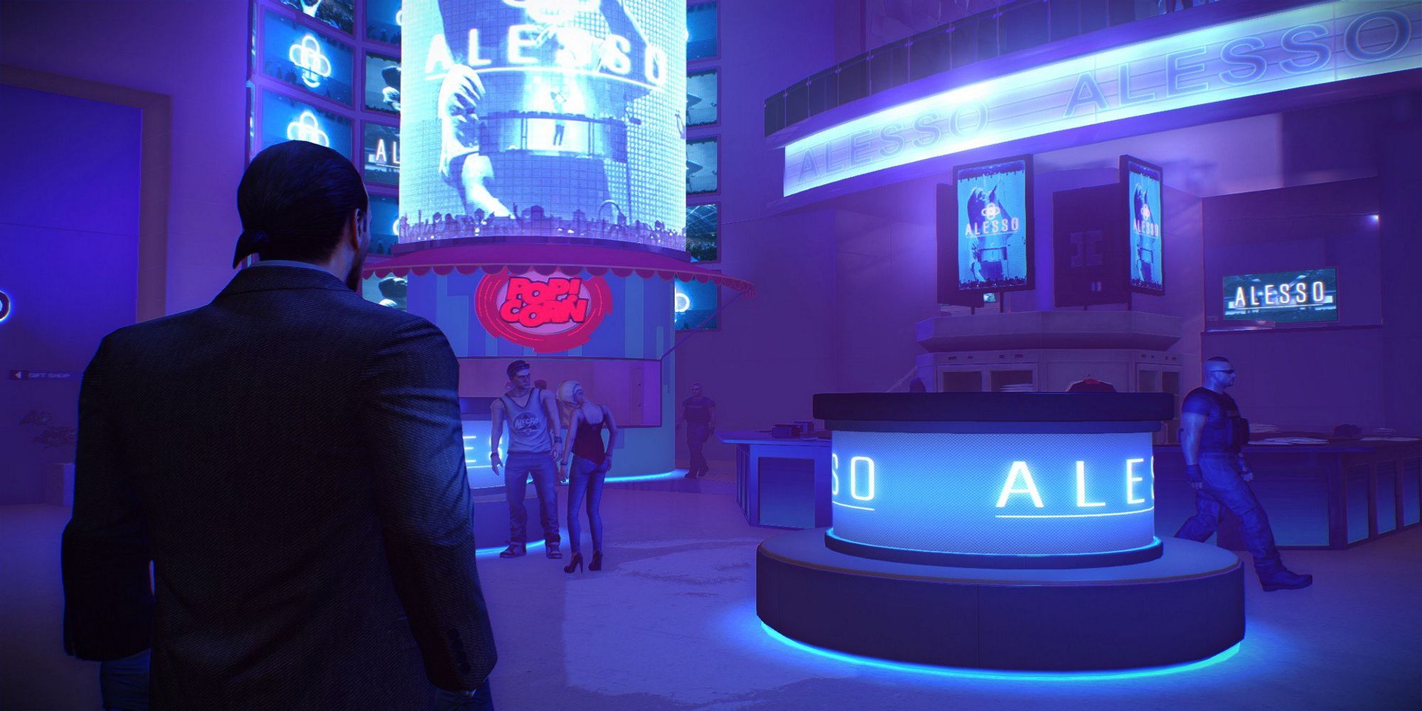 Neon Blue and Purple Club With Screens and People From PAYDAY 2