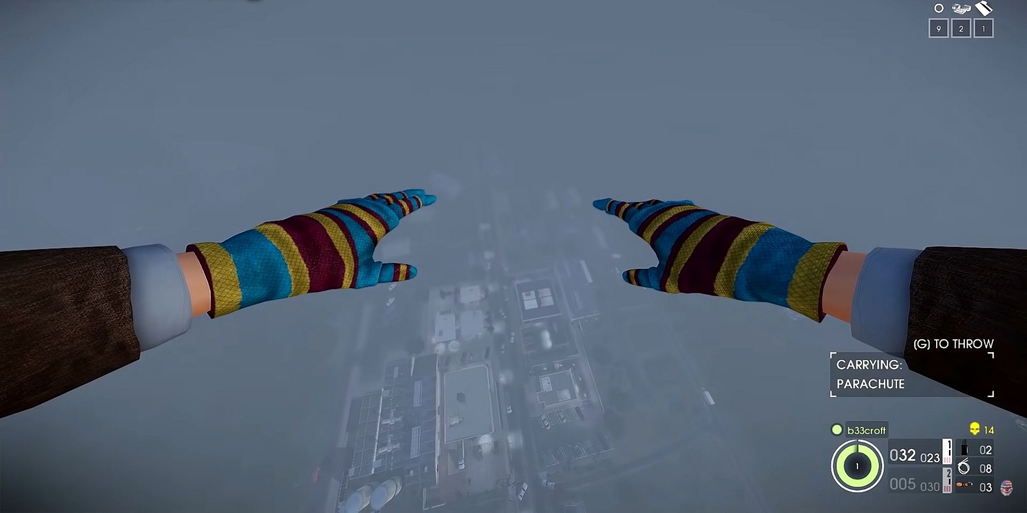 Player Skydiving In first person high above ground from PAYDAY 2