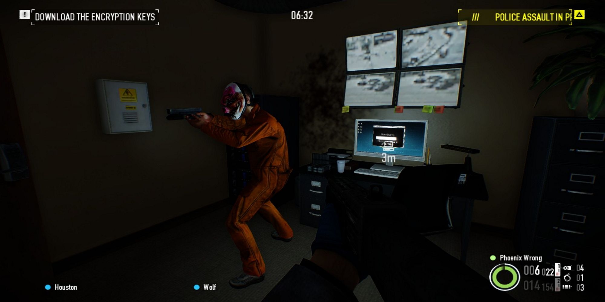 Player and Prisoner stood in dark CCTV room from PAYDAY 2