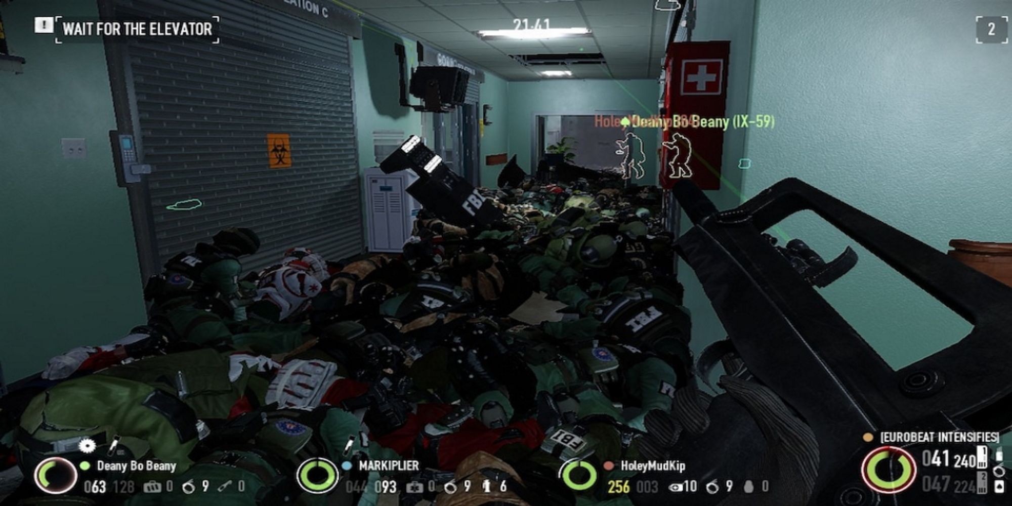 Hallway Littered With Bodies and Player Reloading Gun from PAYDAY 2