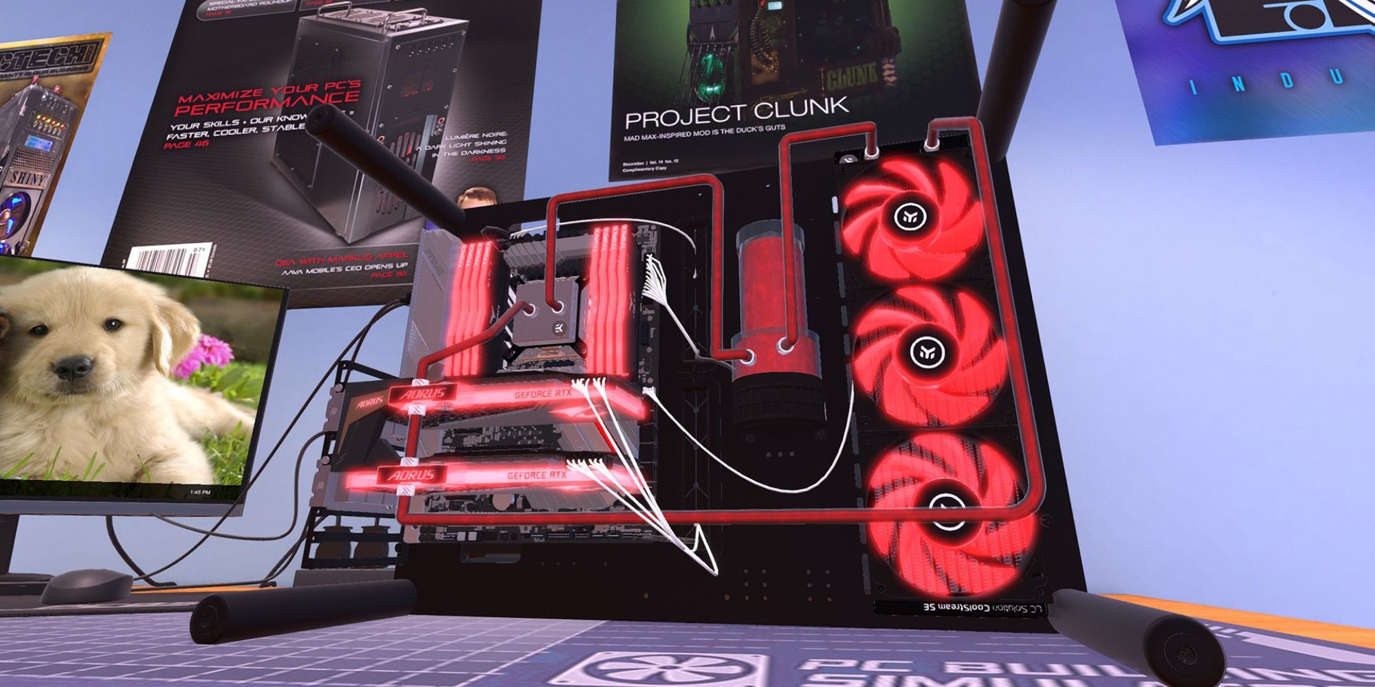 PC Building Simulator working on the inside of a pc with red components