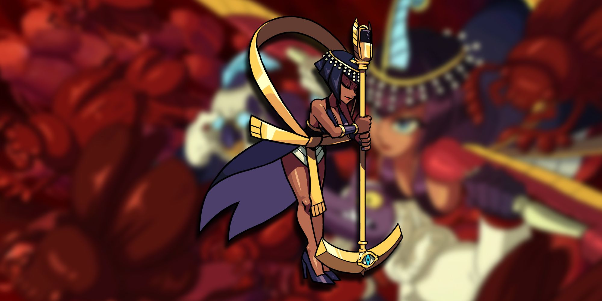 PNG Of Eliza From Skullgirls Posing With Her Microphone And Staff Overlaid On Image From Her Story Mode In-Game