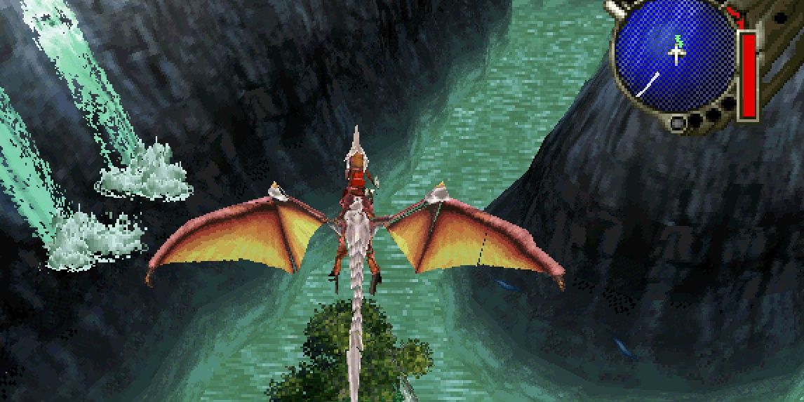 A screenshot from Panzer Dragoon Saga, showing the dragoon flying through a watery canyon