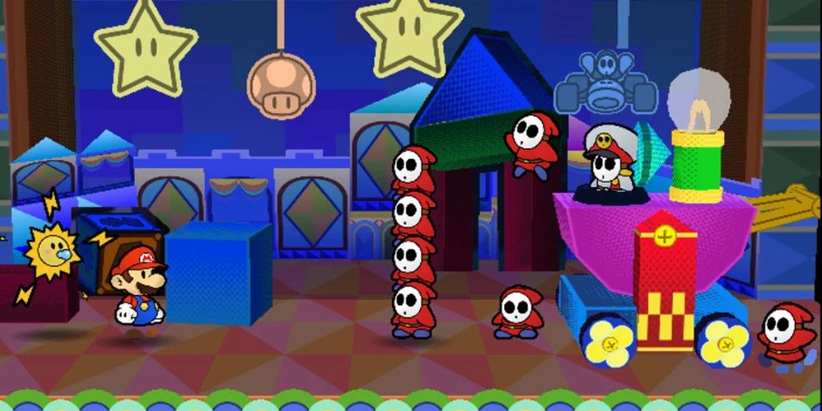 Mario and Watt battle Shyguys in Paper Mario