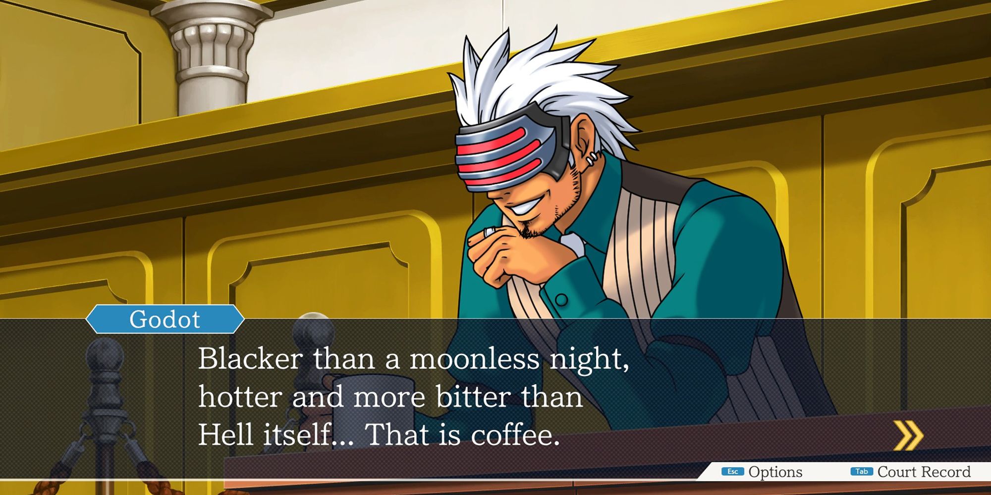 Godot, coffee-loving masked prosecutor from Ace Attorney: Trials and Tribulations who bears a grudge against Phoenix Wright