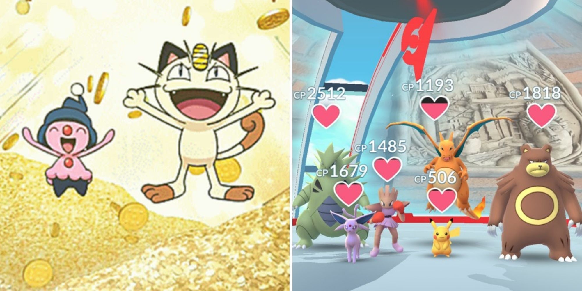 Pokemon GO - Meowth in Pokecoin pile (left), Gym with Pokemon in it (right)