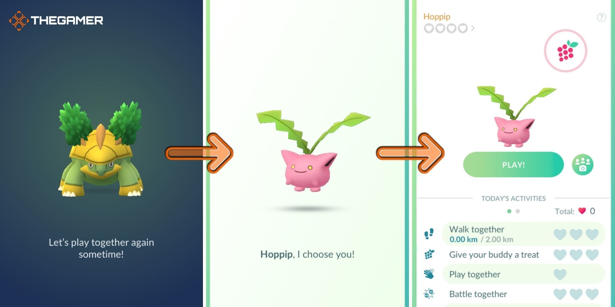 Pokemon Go - Buddy Pokemon (instructional image) (left Buddy swap saying goodbye) (centre Buddy swap saying hello) (right pokemon buddy menu)