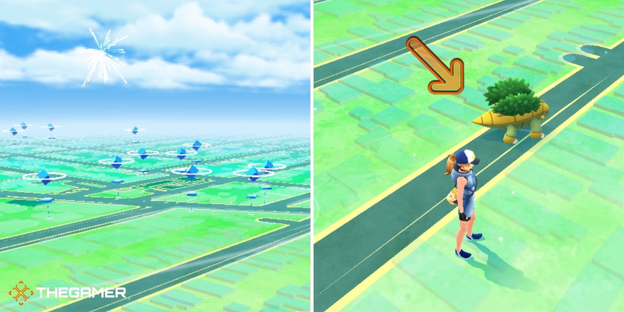 Pokemon Go - Buddy Pokemon (instructional image) (left Pokestops in the Overworld) (right buddy pokemon walking beside player)