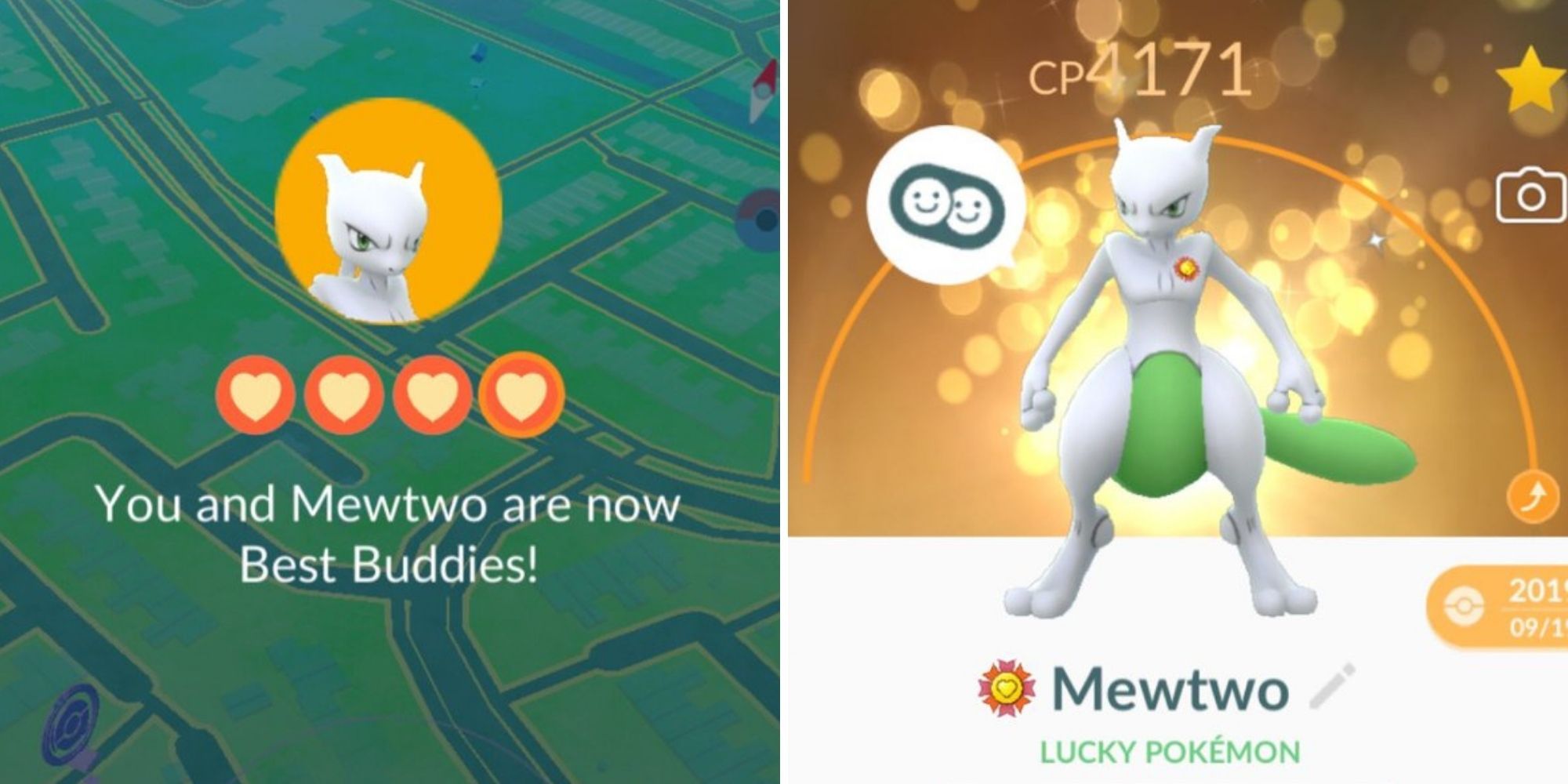 Pokemon Go - Buddy Pokemon (instructional image) (left becoming best buddies with Mewtwo) (right Mewtwo summary)