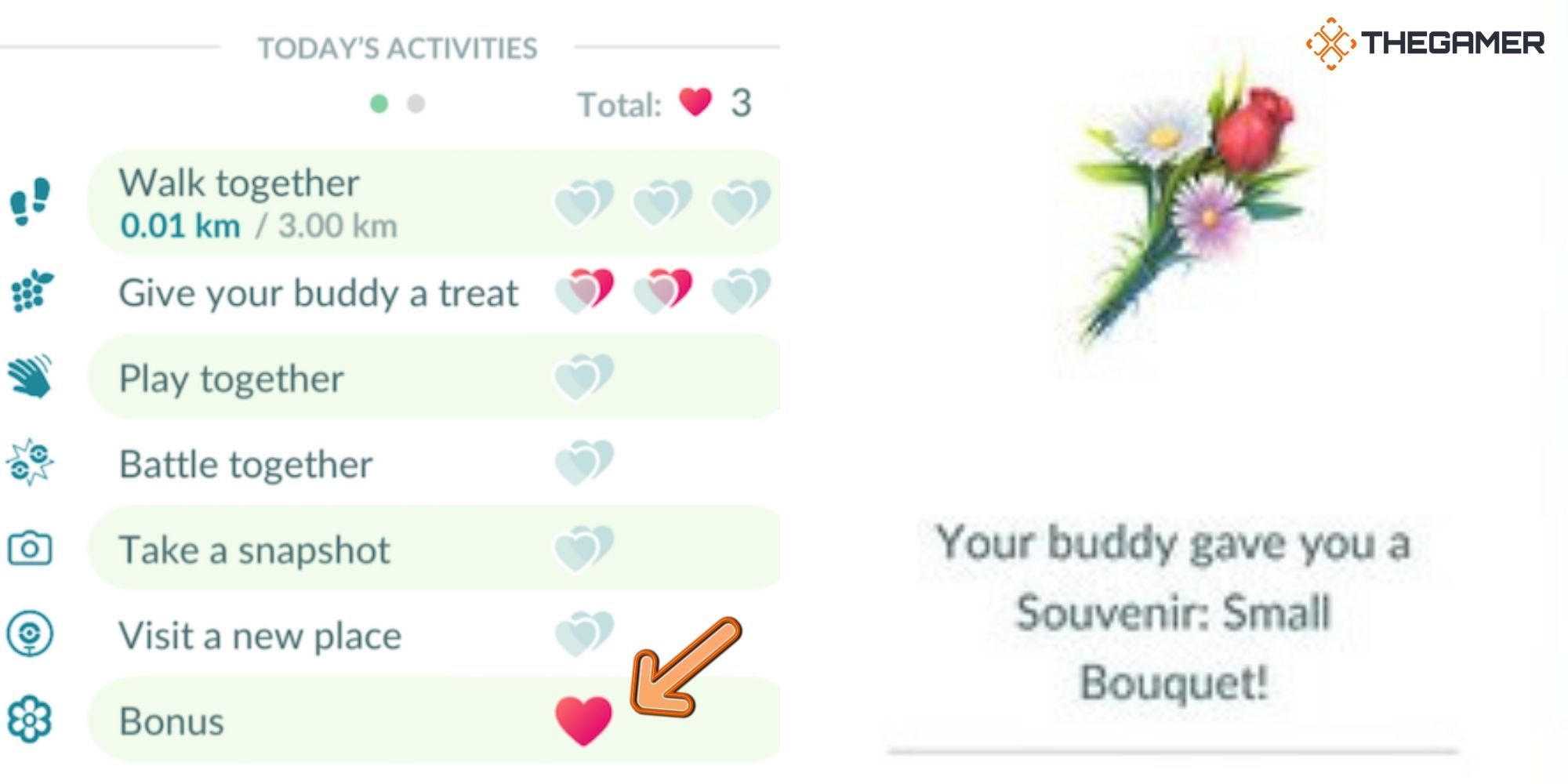 Pokemon Go - Buddy Pokemon (instructional image) (left buddy menu with Bonus Heart) (right buddy gives player a souvenir of a small bouquet)