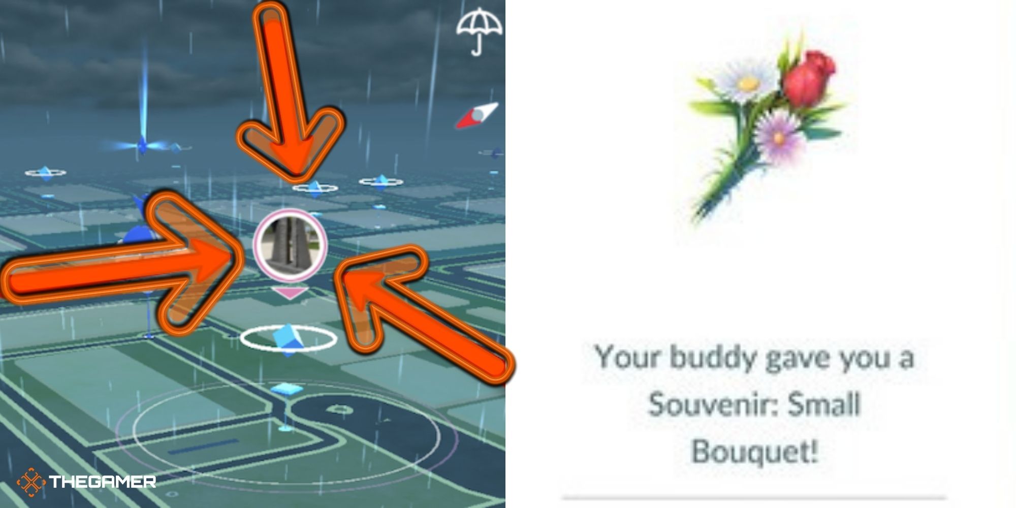 Pokemon Go - Buddy Pokemon (instructional image) (left buddy pokemon's interested location) (right souvenir from buddy Pokemon)