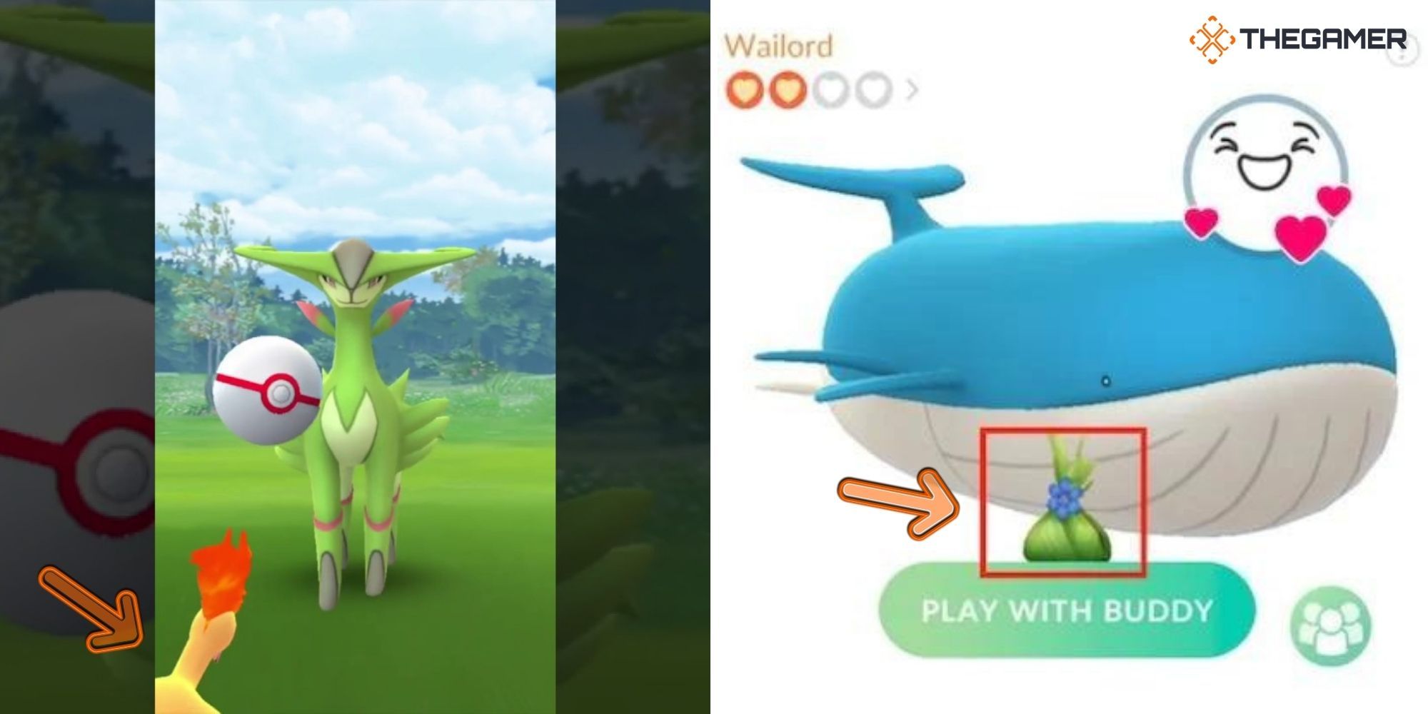 Pokemon Go - Buddy Pokemon (instructional image) (left catch assist in action) (right present from waillord)