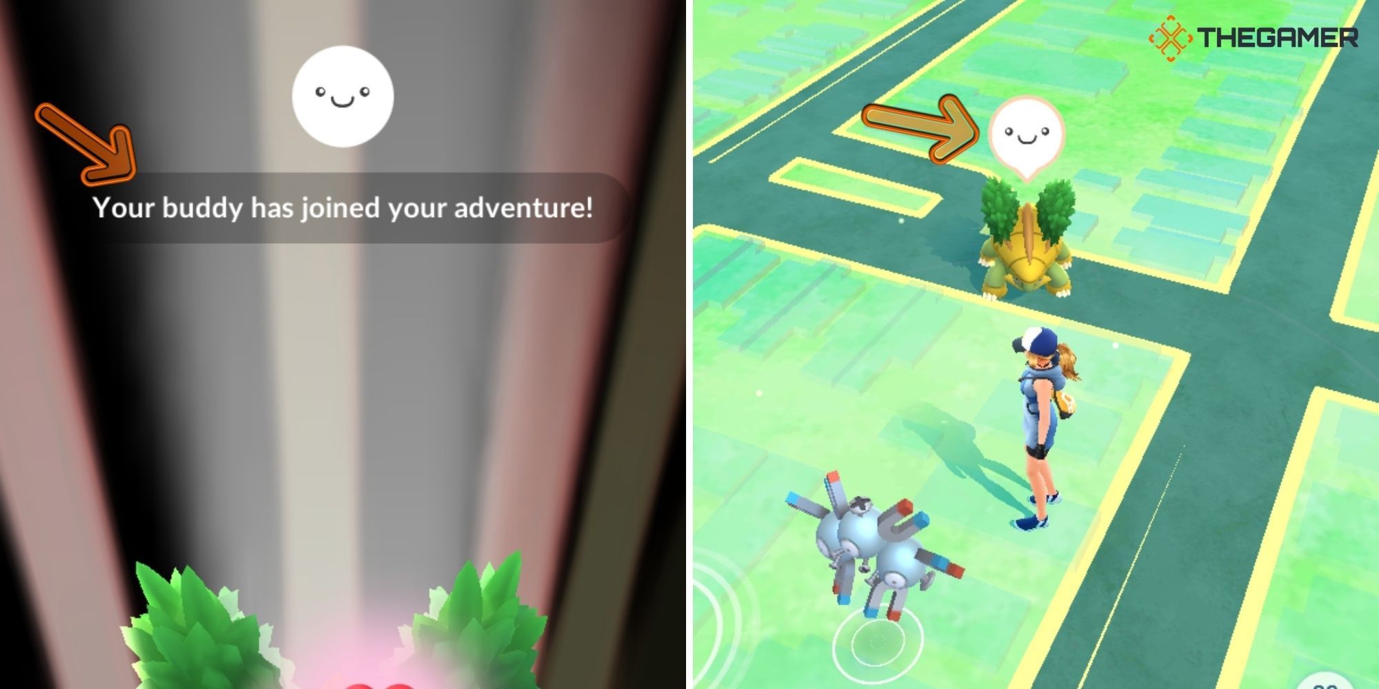 Pokemon Go - Buddy Pokemon (instructional image) (leftbuddy joining the player) (right buddy's mood on overworld)