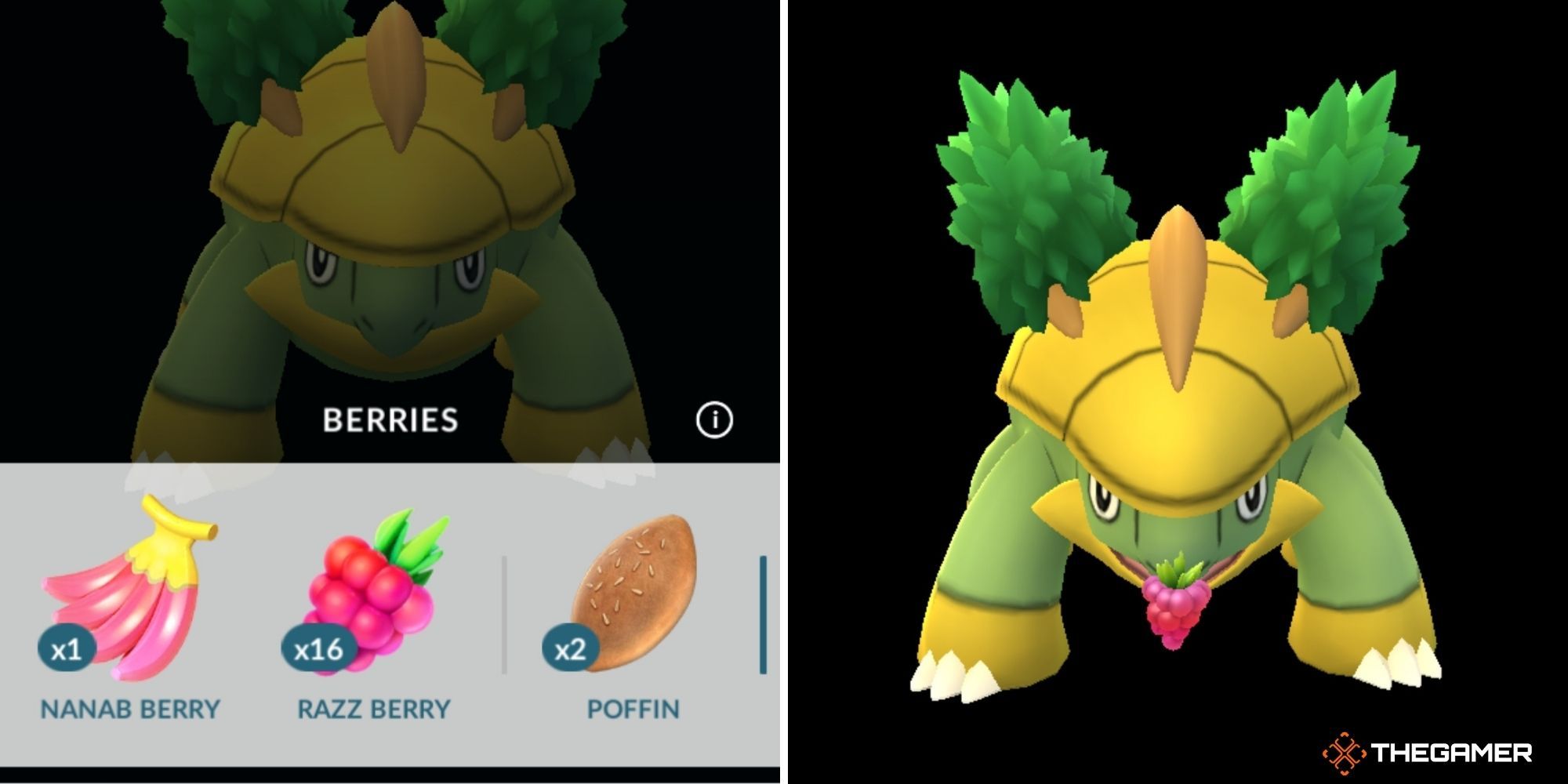 Pokemon Go - Buddy Pokemon (instructional image) (right Pokemon eating berry) (left buddy's berry menu)