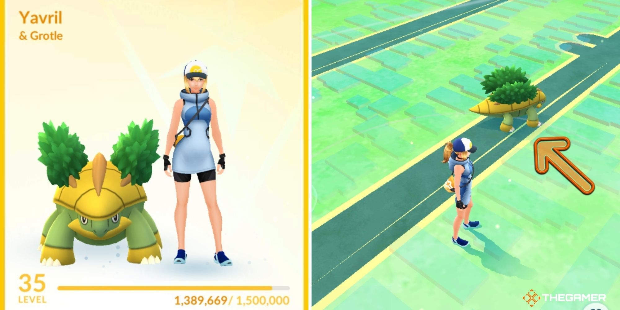 Pokemon Go - Buddy Pokemon (instructional image) (right Pokemon in overworld with player) (left buddy Pokemon in player menu)