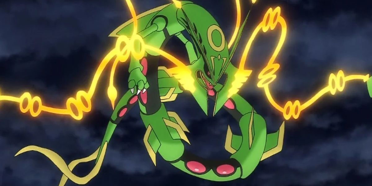 Mega Rayquaza floats high in the air in the Pokemon Anime.