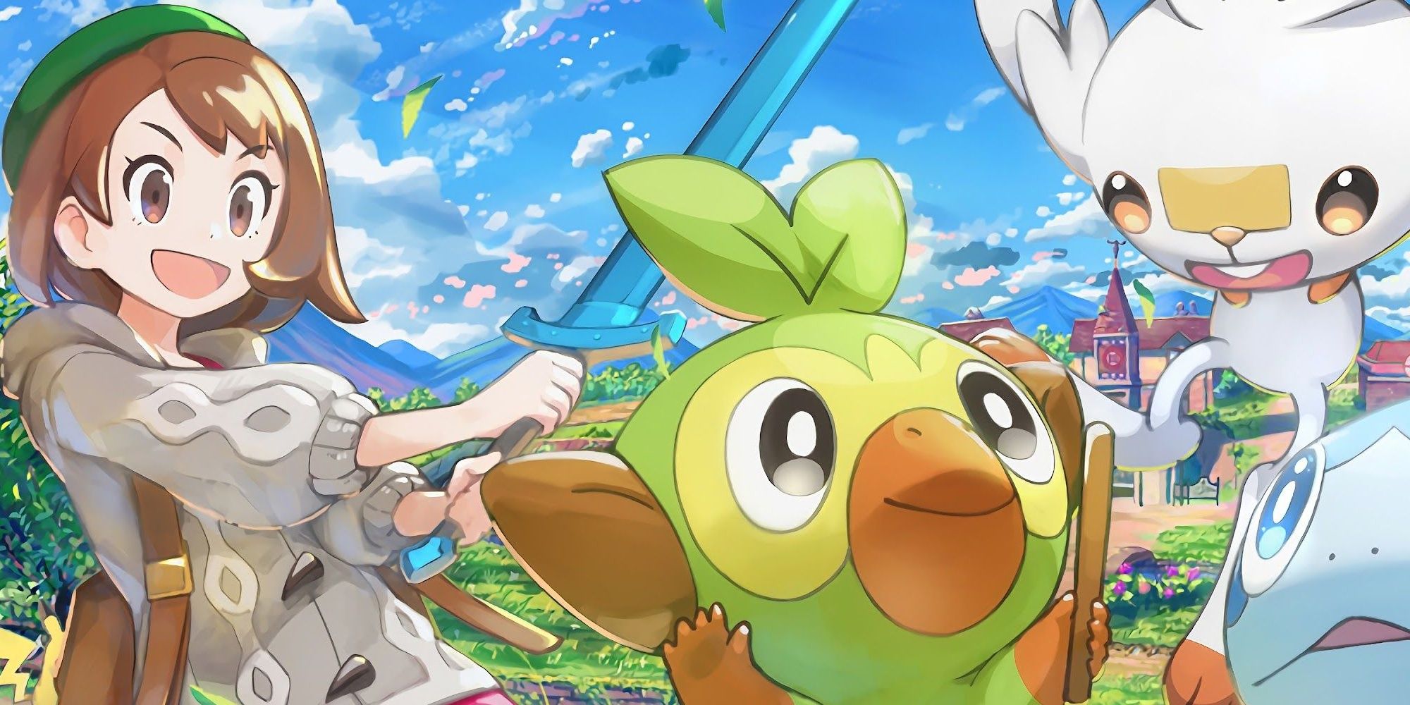 Pokemon Sword & Shield female protagonist holding a sword and smiling with Grookey, Sobble, and Scorbunny