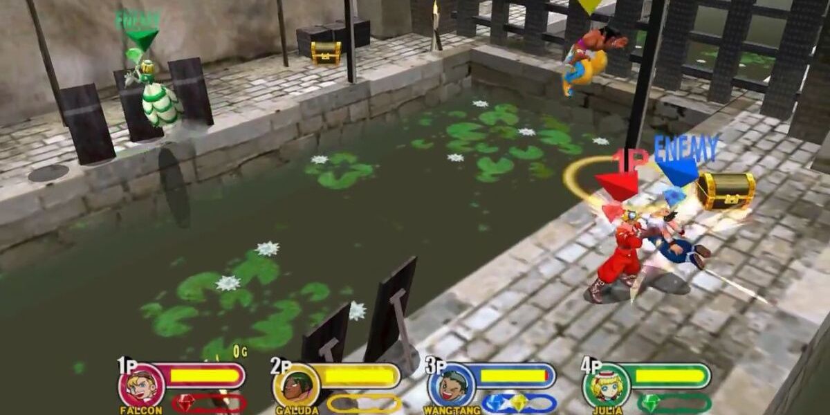 Power Stone Dreamcast four characters fighting along waterway