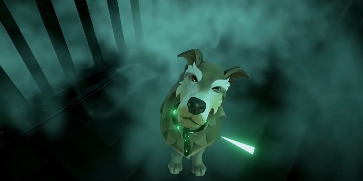 The Prison Dog from Pirates of The Caribbean sitting in front of a prison cell in Sea of Thieves: A Pirate's Life