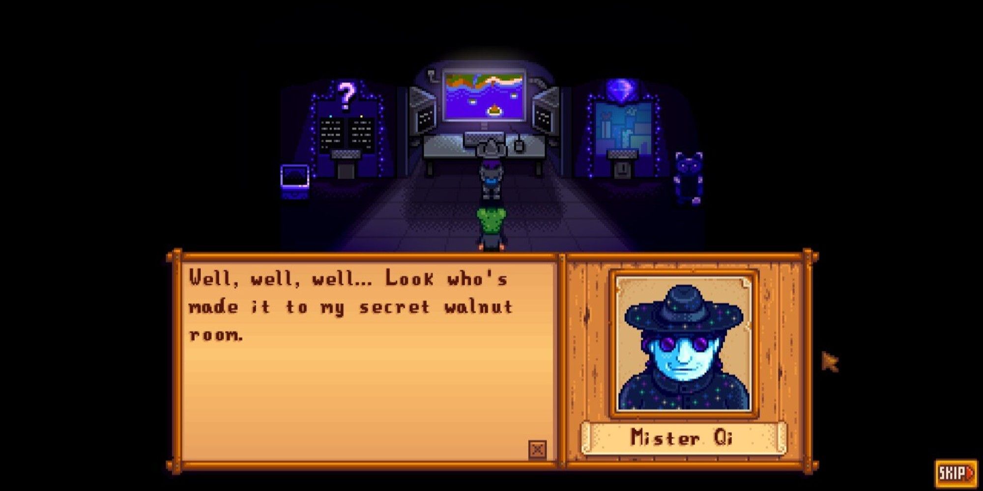 player talking to mister Qi in Qi's walnut room