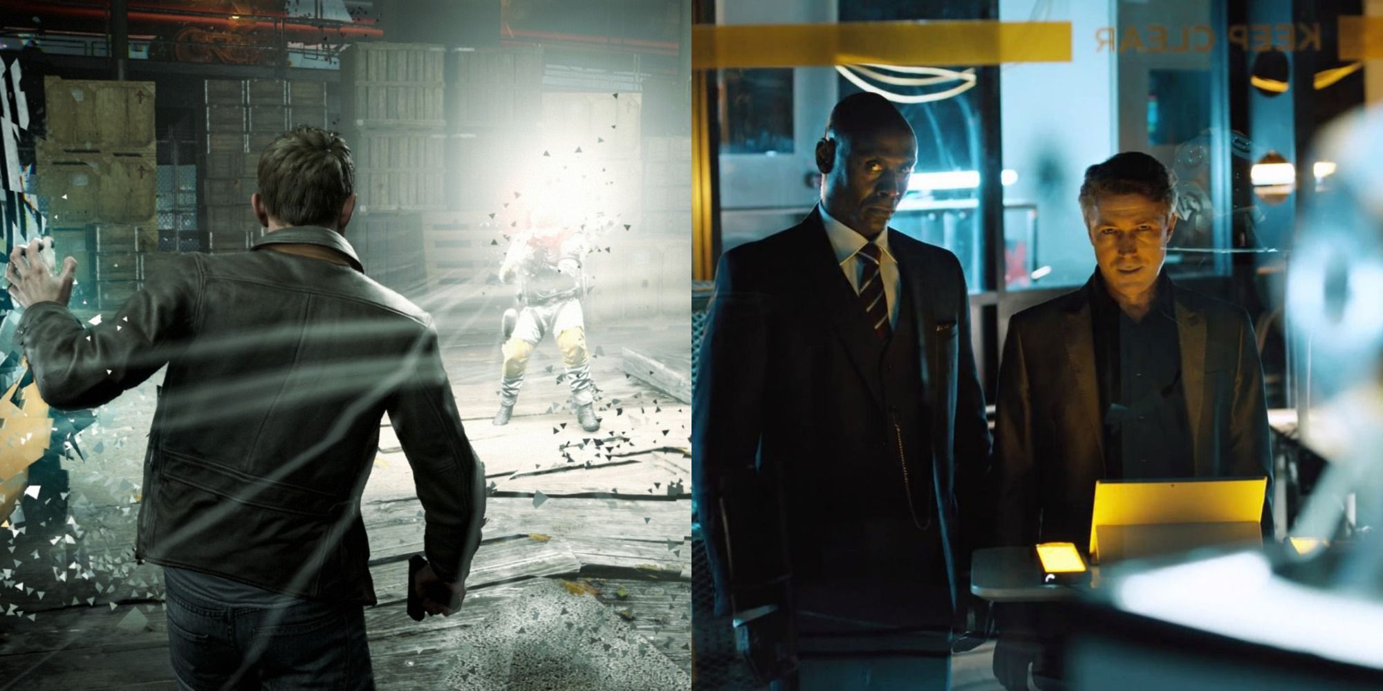 Quantum Break split image of the gameplay with Shawn Ashmore using his powers and live-action cinematic footage of Lance Reddick and Aidan Gillen's characters.
