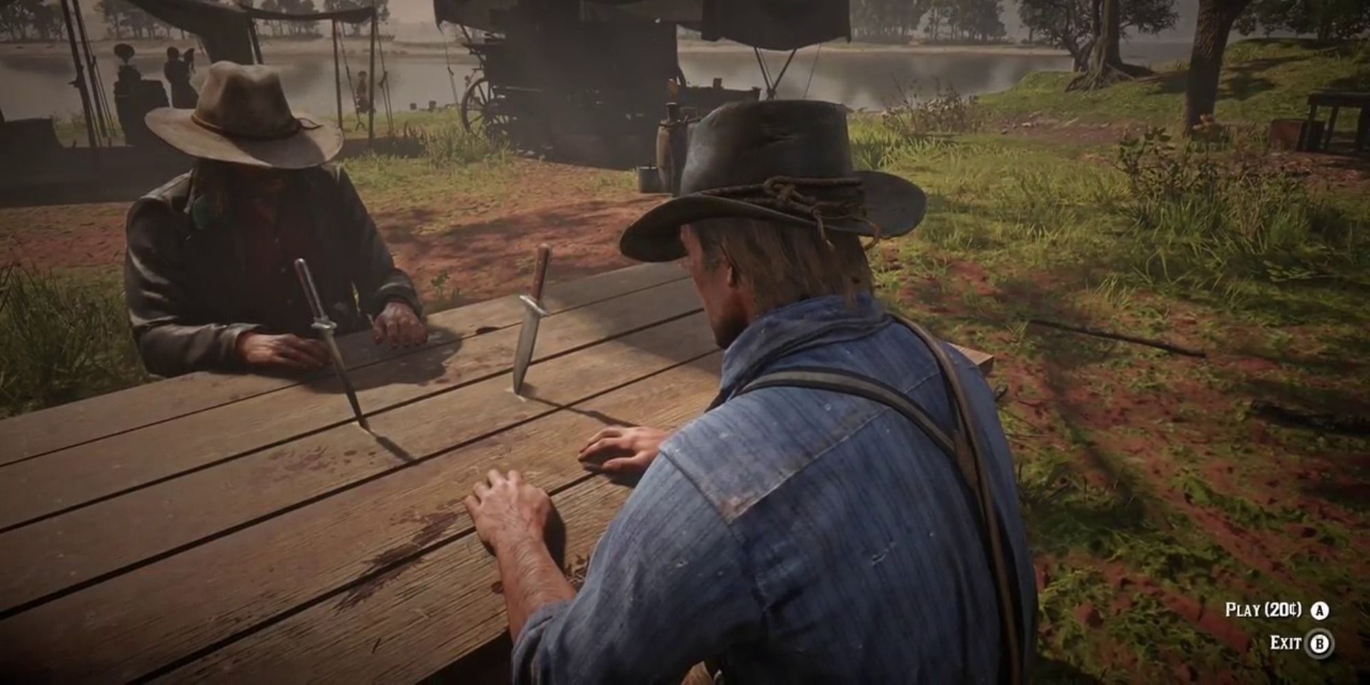 RDR2 Arthur and Micah sitting across from each other at a table where you play Five Finger Fillet.
