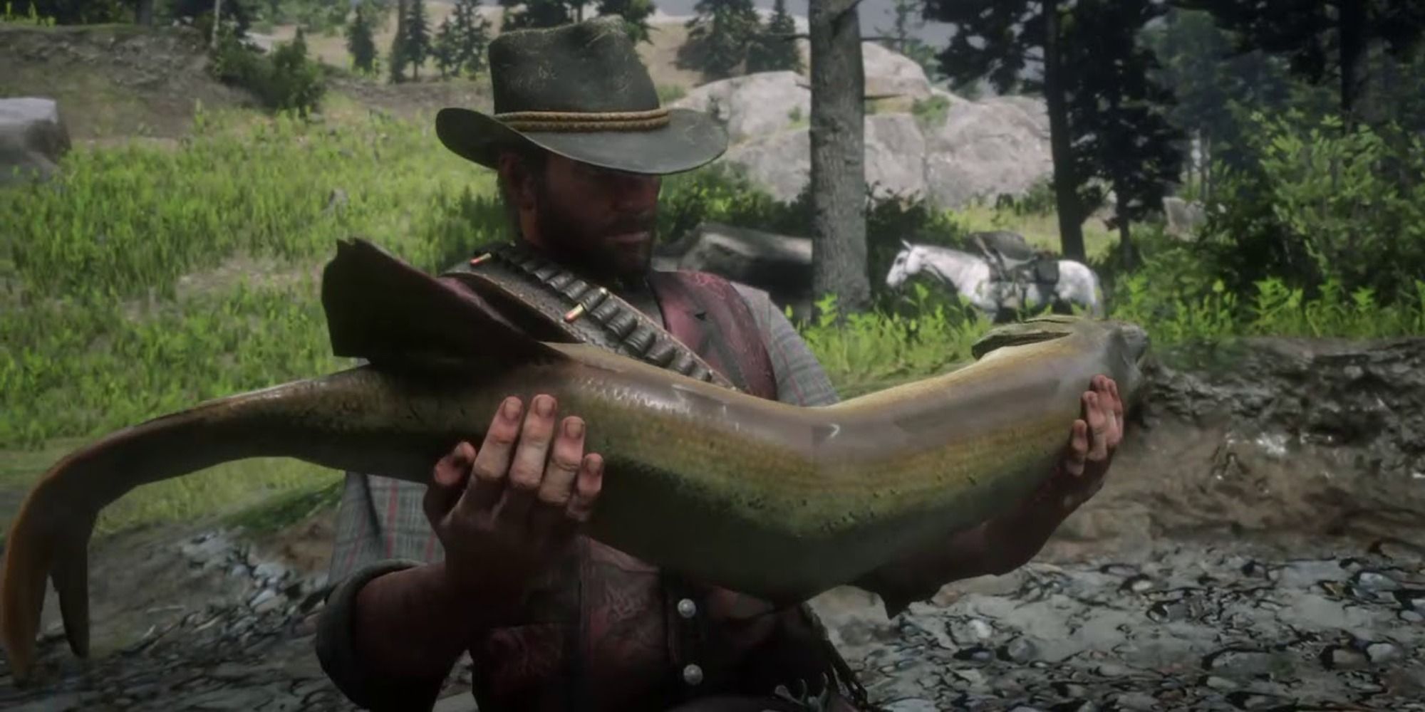 RDR2 You sir are a fish quote with Arthur holding a big fish