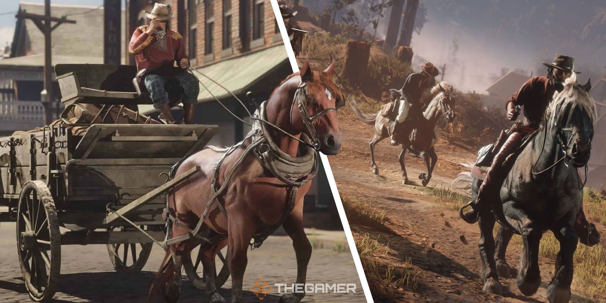 Split image of Red Dead Online - a player on a horse and cart on the left and two on horseback on the right