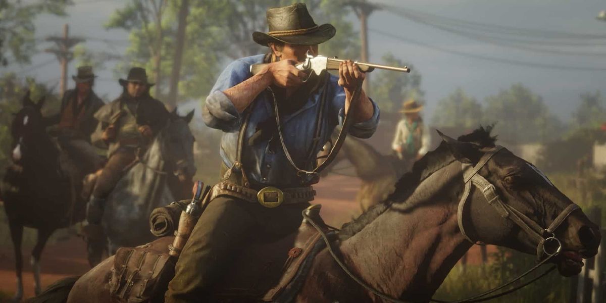 Red Dead Redemption 2 Arthur mit einem Lancaster-Repeater auf einem Pferd