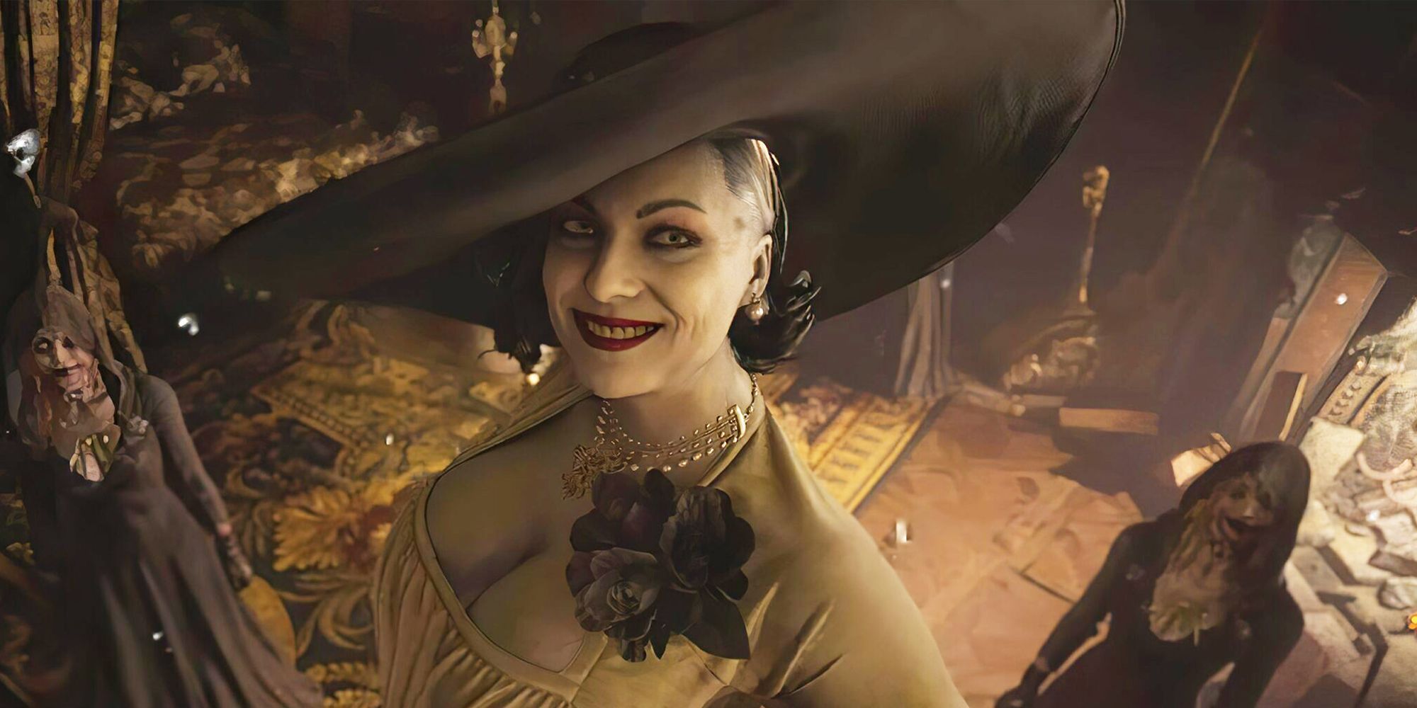 Lady Dimitrescu smiles at Ethan Winters, her daughters Bela, Daniela, and Cassandra behind her. From Resident Evil Village.