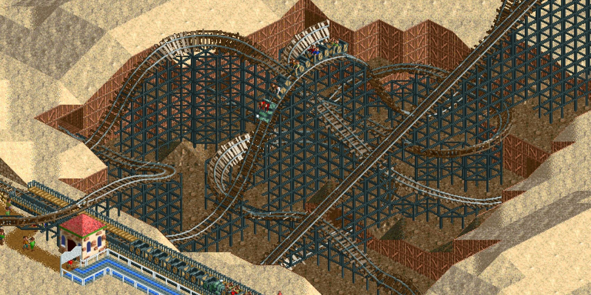 Roller Coaster Tycoon Runaway Mine Train coaster in a desert park