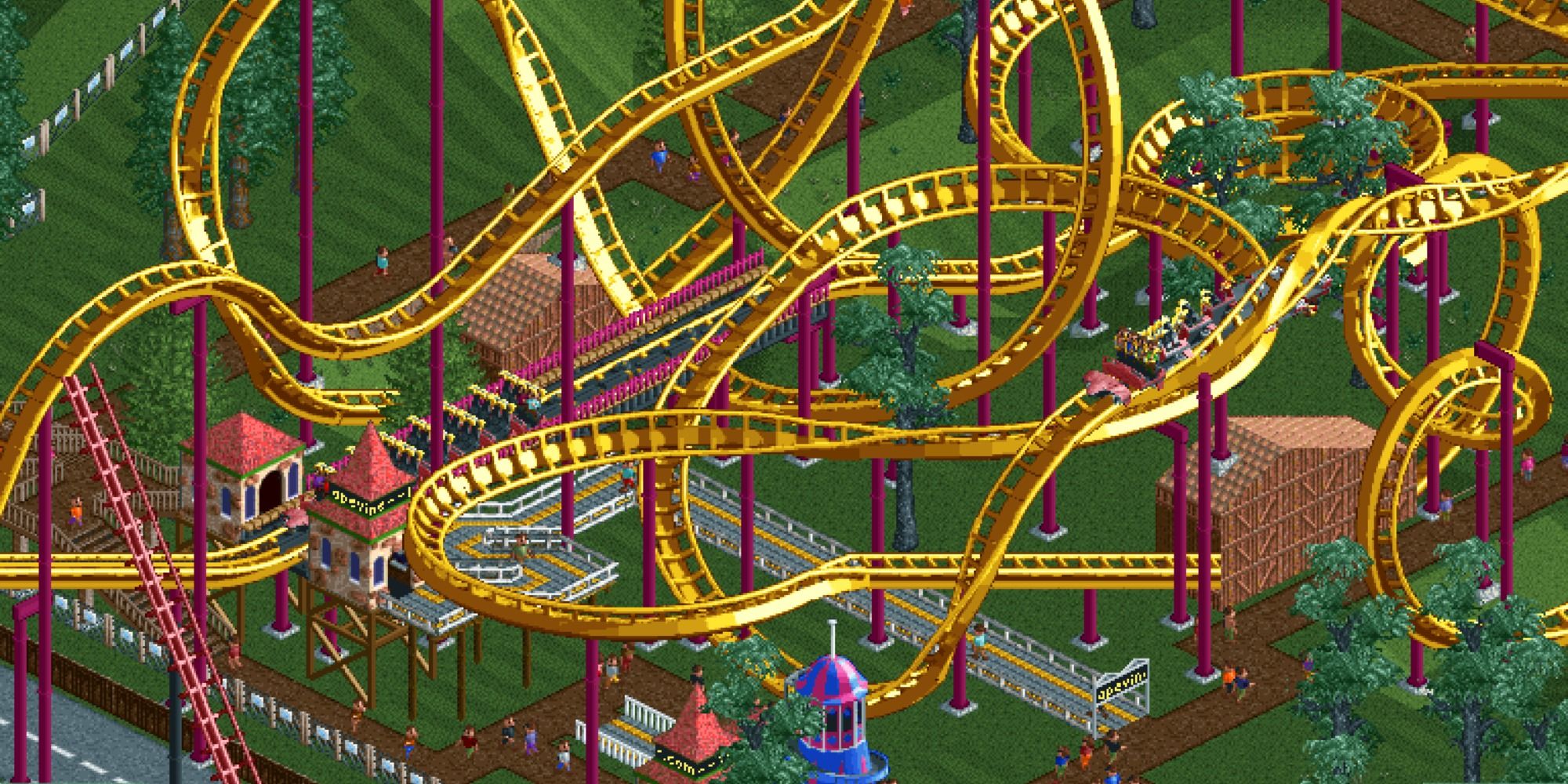 Roller Coaster Tycoon Twister coaster over a road and grass