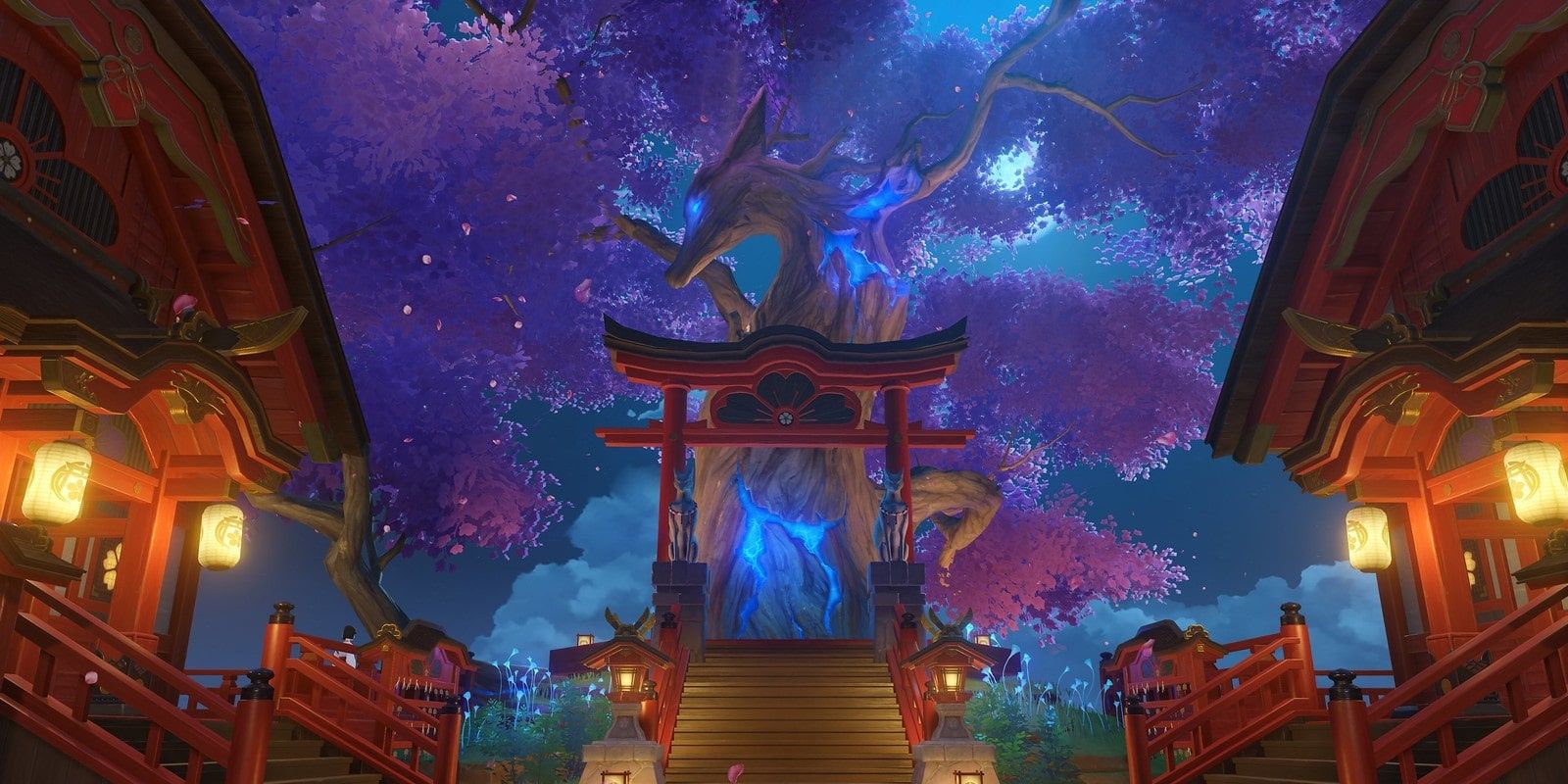 Genshin Impact: Sacred Sakura tree in Inazumu is seen behind a large gate with surrounding lanterns