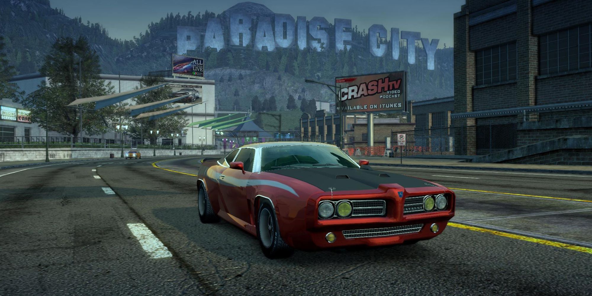 Screenshot From Burnout Paradise Showing The Paradise City Sign In The Background