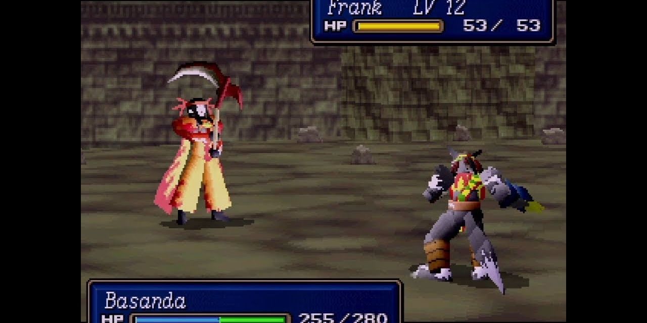 A screenshot of Shining Force 3, showing Basanda and Frank battling