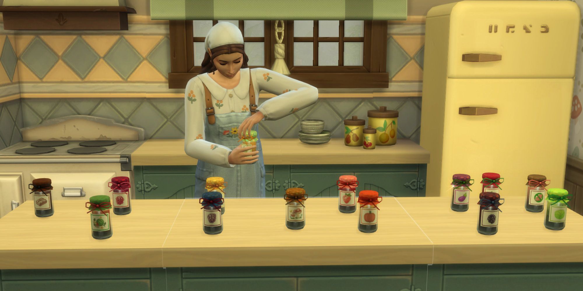 Sims 4 cottage canning with produce on table